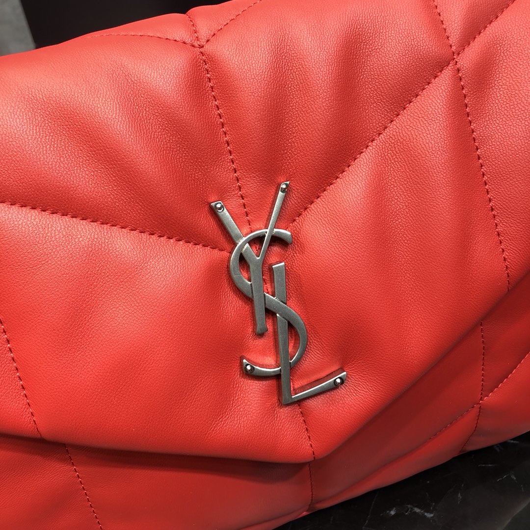 Saint Laurent Loulou Puffer Lambskin Shoulder Bag Handbag Red 577475 Silver